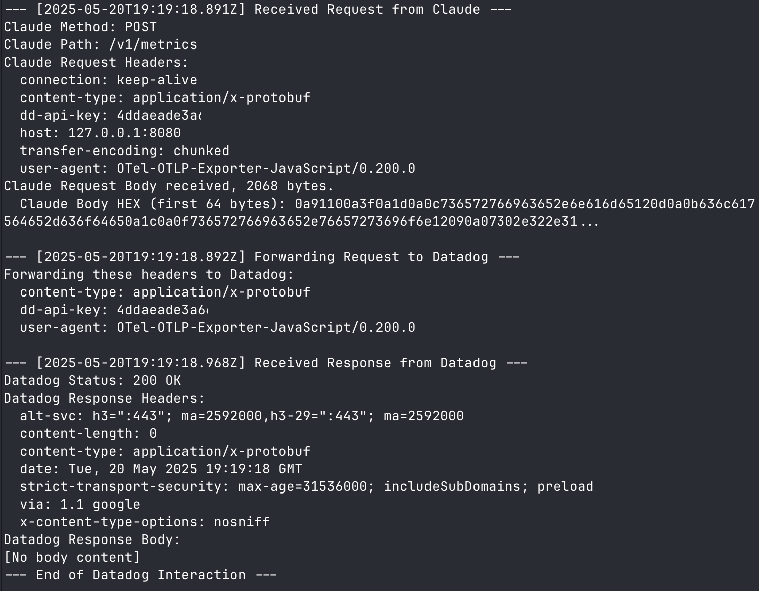 Debug script output showing successful connection to Datadog
