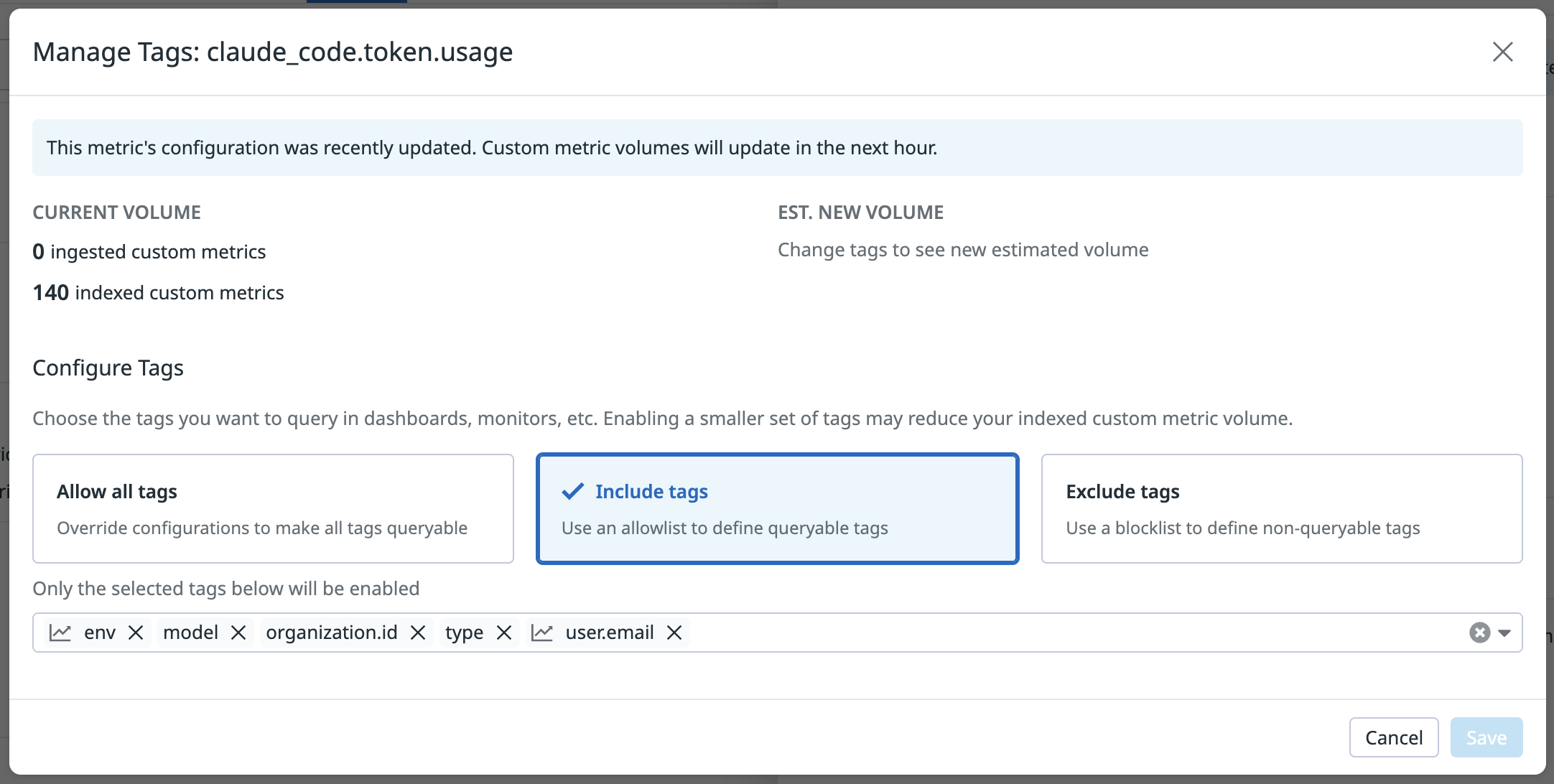 Datadog Metrics Without Limits configuration interface