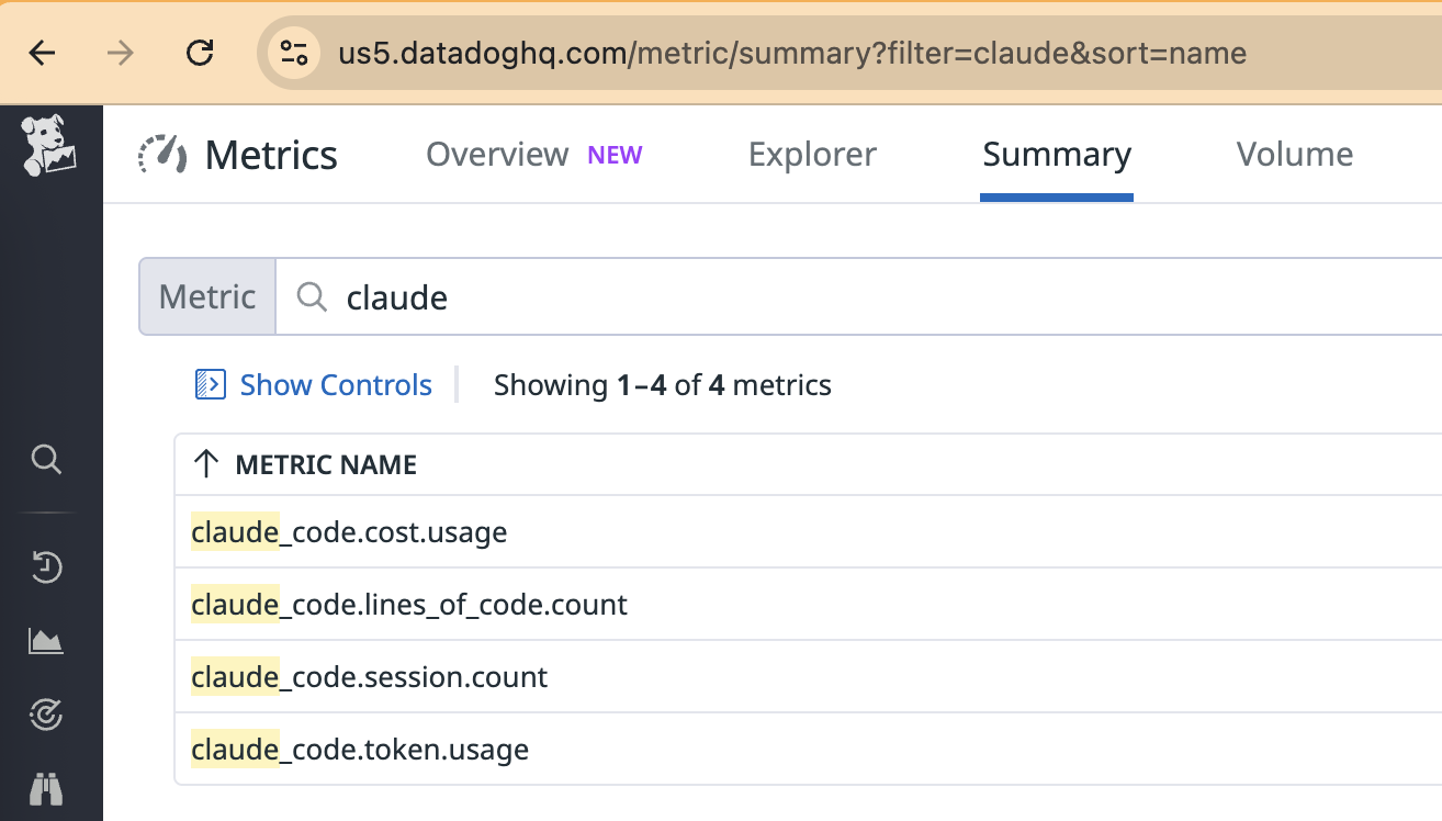 Datadog Metrics Summary page showing Claude Code metrics